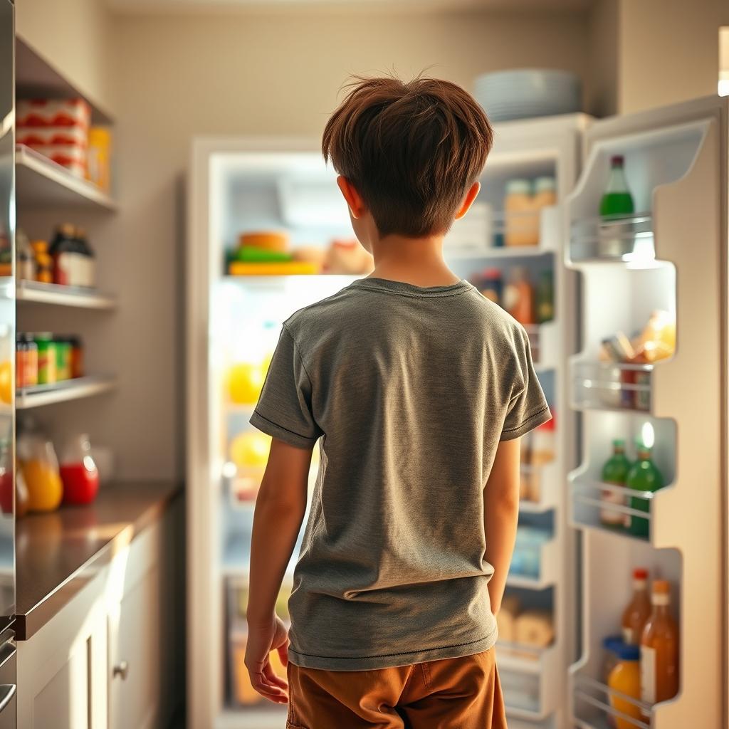 A teenage boy, about 15 years old, viewed from the back, standing in front of an open fridge