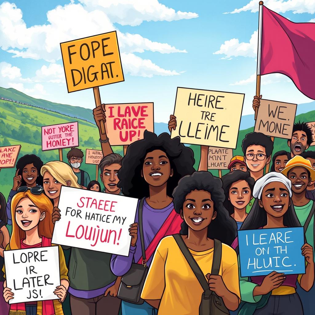 A stunning illustration capturing the essence of peaceful protest, focusing on a diverse group of individuals holding colorful banners and signs advocating for justice and equality