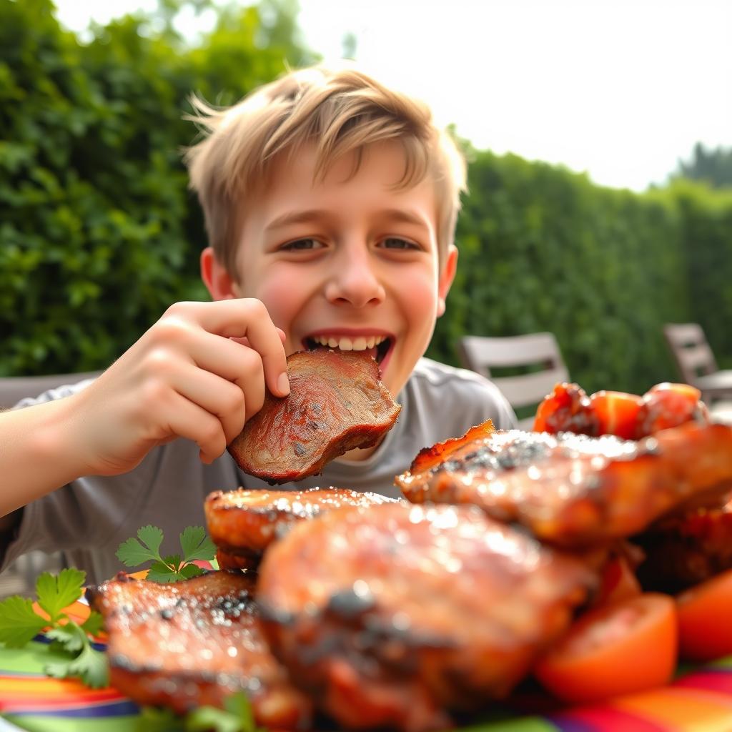 A teenage boy, around 15 years old, enjoying a delicious platter of mixed meats