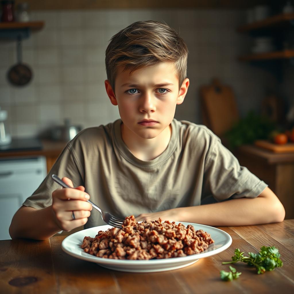 A teenage boy, around 15 years old, sitting at a rustic wooden table, eating a plate of minced meat