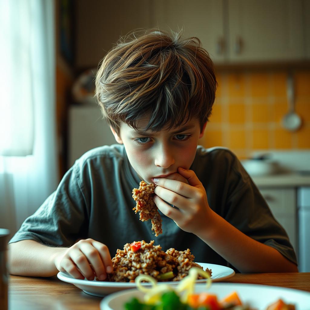 A young teenage boy sitting at a table, looking sad while eating minced meat with his hands