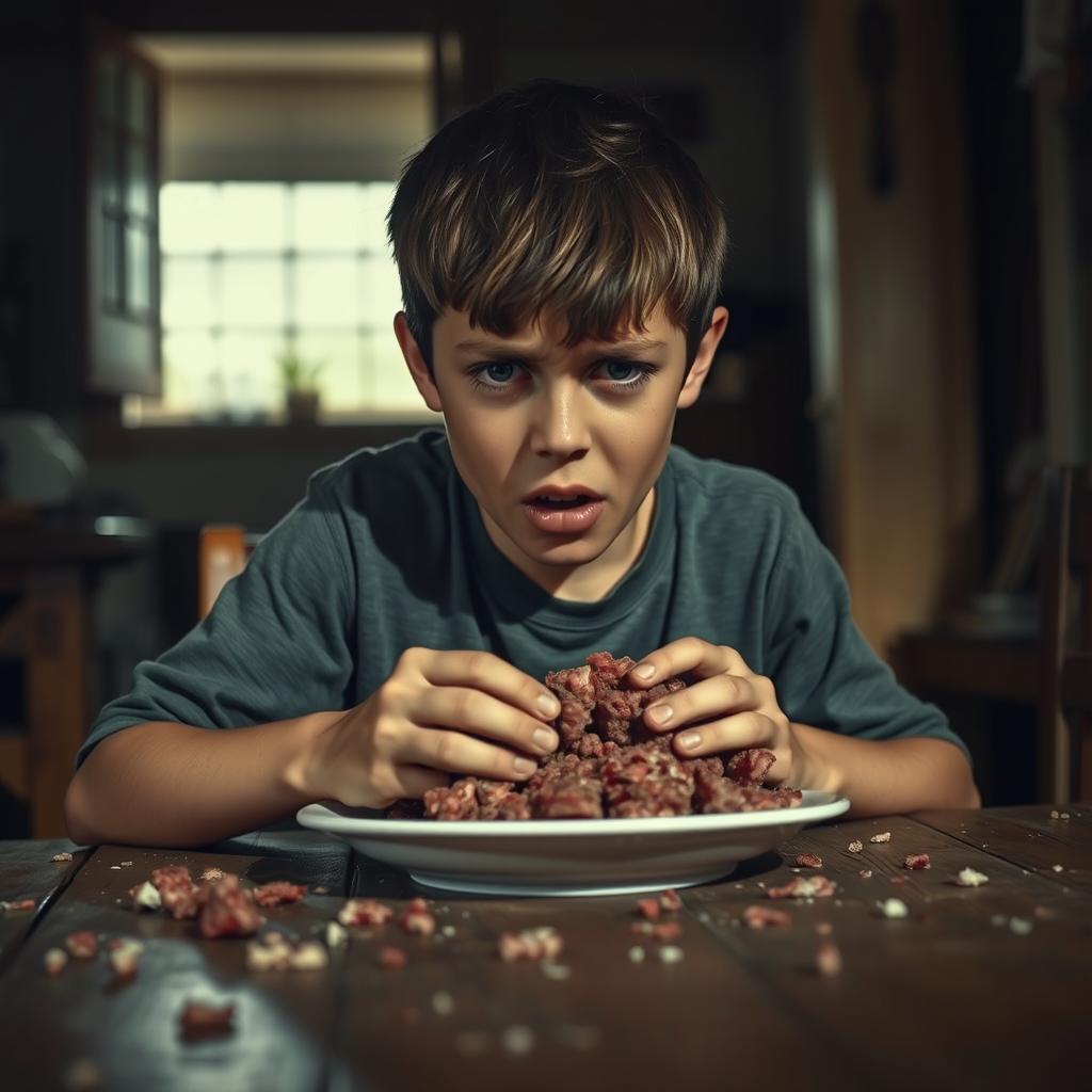 A dramatic scene featuring a teenage boy, around 15 years old, sitting at a rustic wooden table