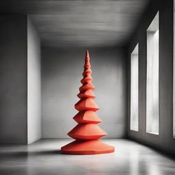 A strikingly abstract, avant-garde, monochrome photograph of a stylistic Christmas tree inside a beautiful structured concrete room, with a bold pop of orange-red color.