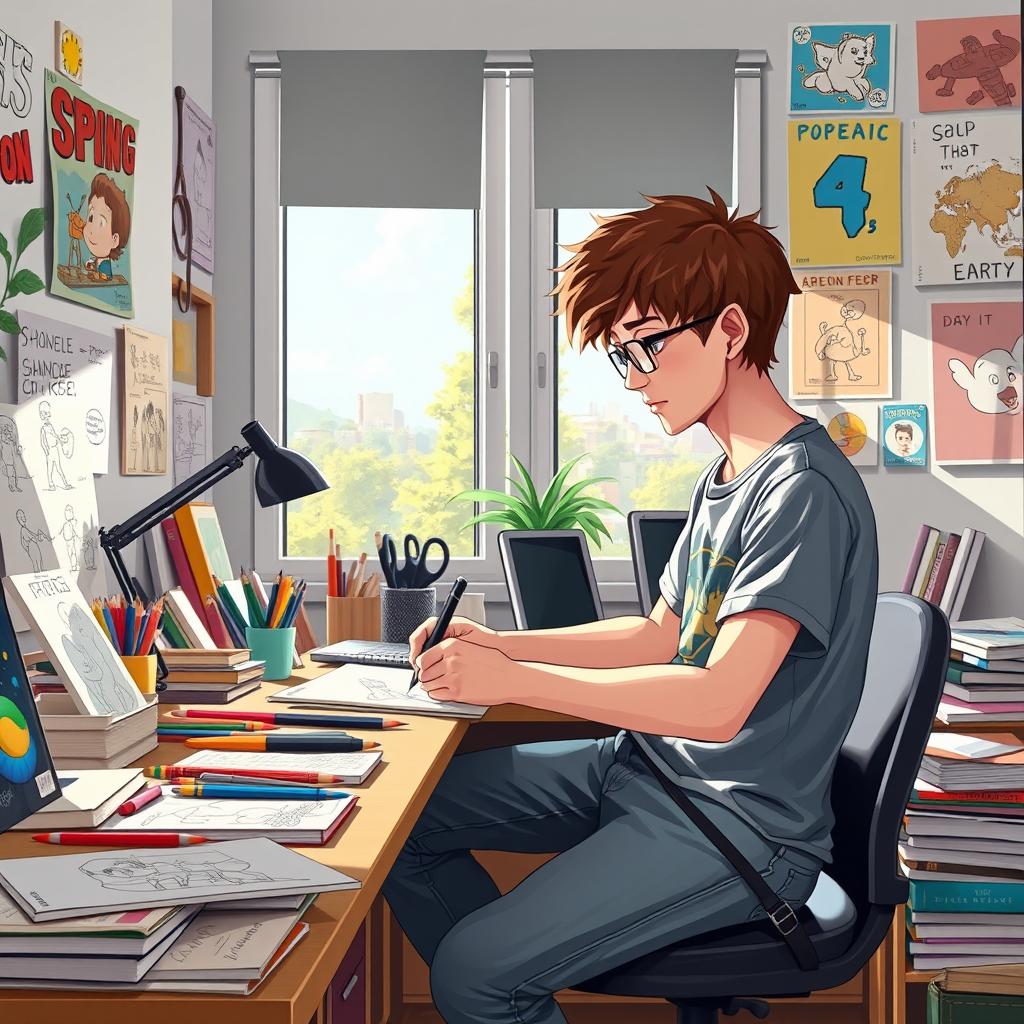 A teenage boy with an adventurous spirit, sitting at a desk filled with art supplies and sketches