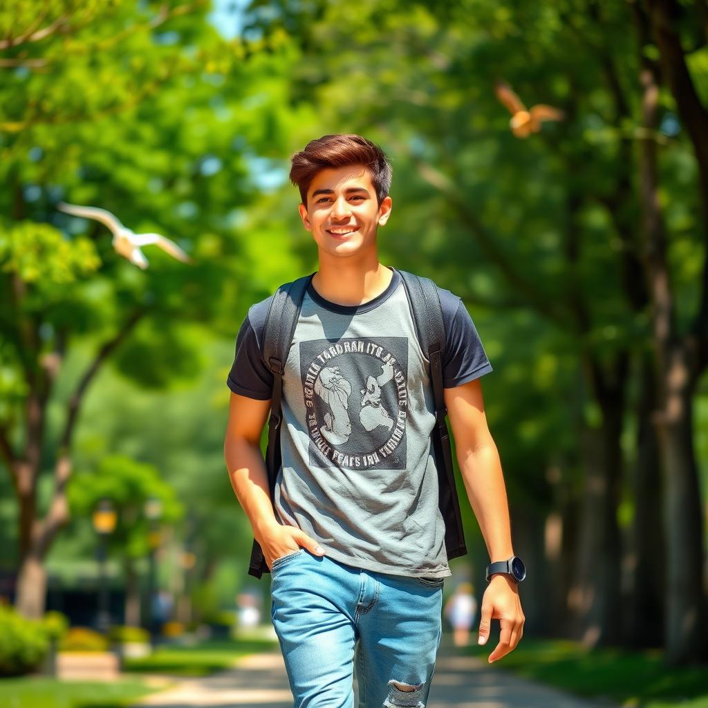 A confident young man around 15 years old casually walking through a city park, enjoying the vibrant surroundings