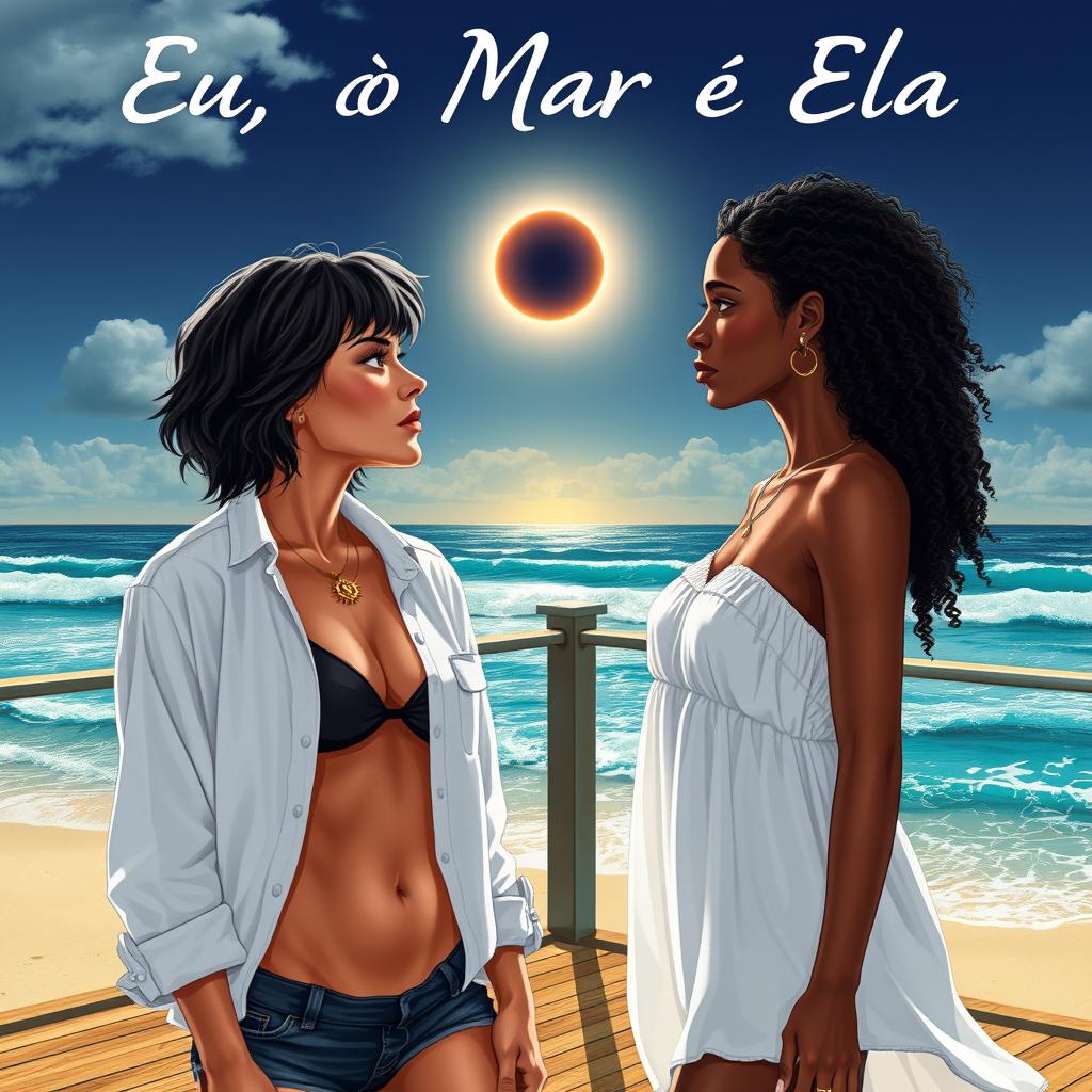 A digital book cover titled "Eu, o Mar e Ela" by author "V
