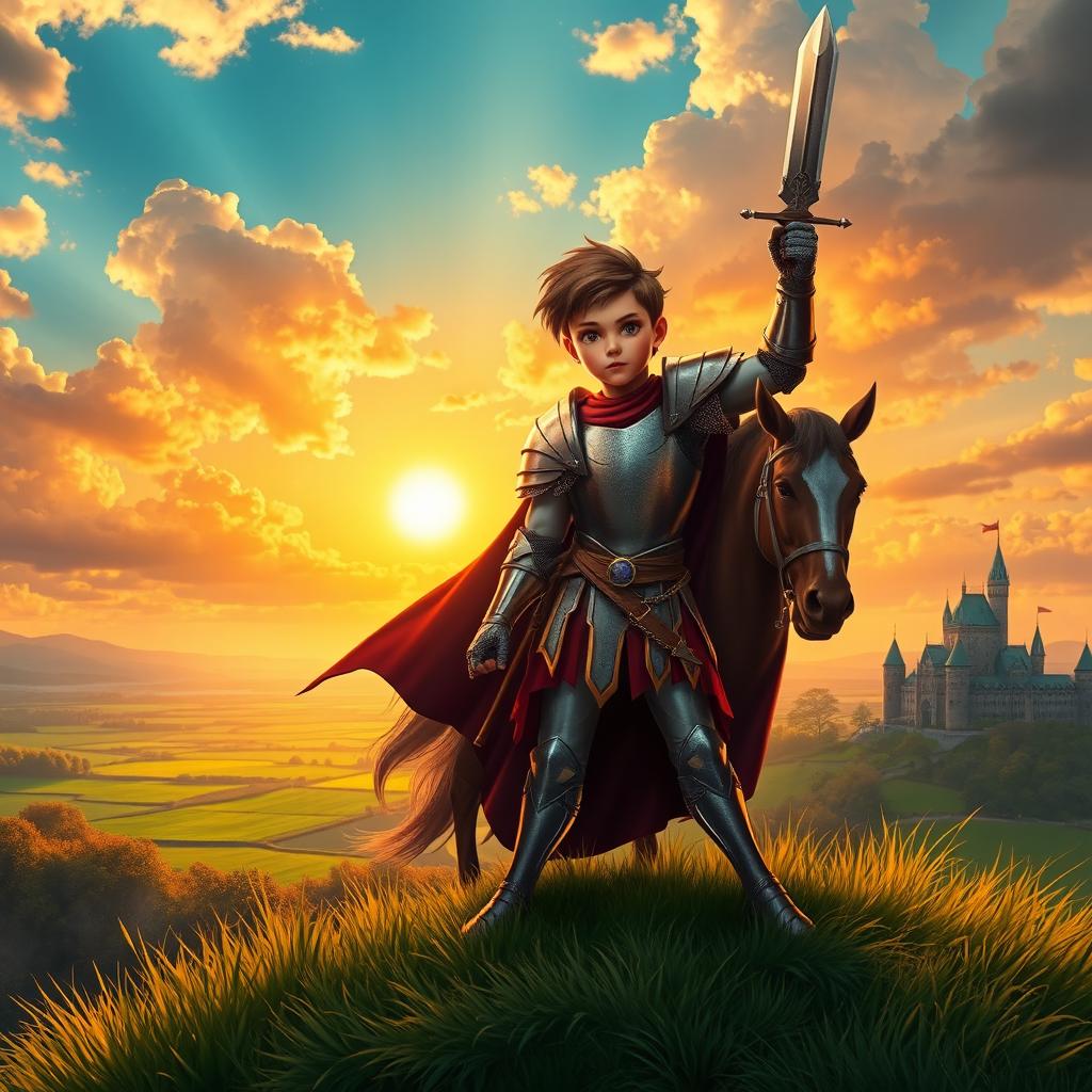A fantasy scene depicting a brave young knight, showing strength and courage, standing atop a hill with a sword raised triumphantly
