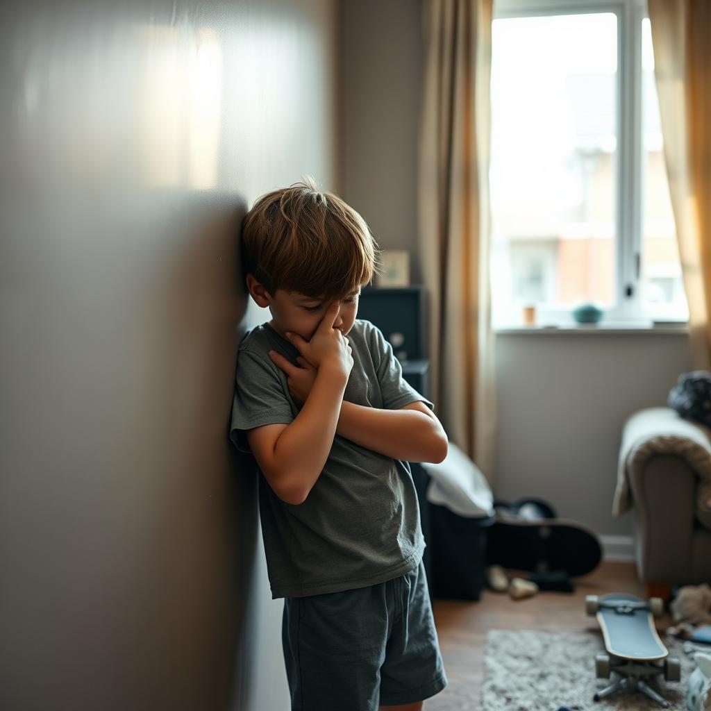 A young boy experiencing a moment of nausea, looking distressed as he braces himself against a wall in a suburban home