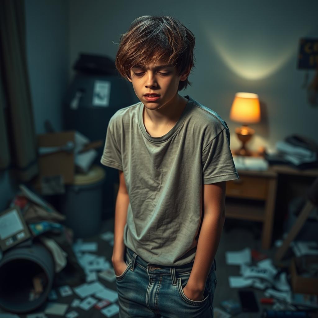 A teenage boy, around 15 years old, is depicted in a dramatic scene, looking distressed and unwell, with a pained expression on his face