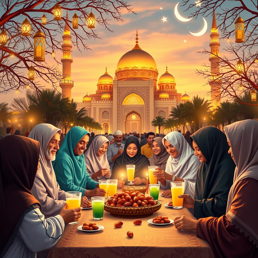 A beautiful scene depicting the essence of Ramadan in a vibrant Muslim community