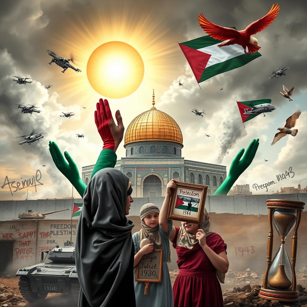 A powerful and majestic depiction of Al-Aqsa Mosque as a fortress of resilience, surrounded by intertwined hands adorned in the colors of the Palestinian flag