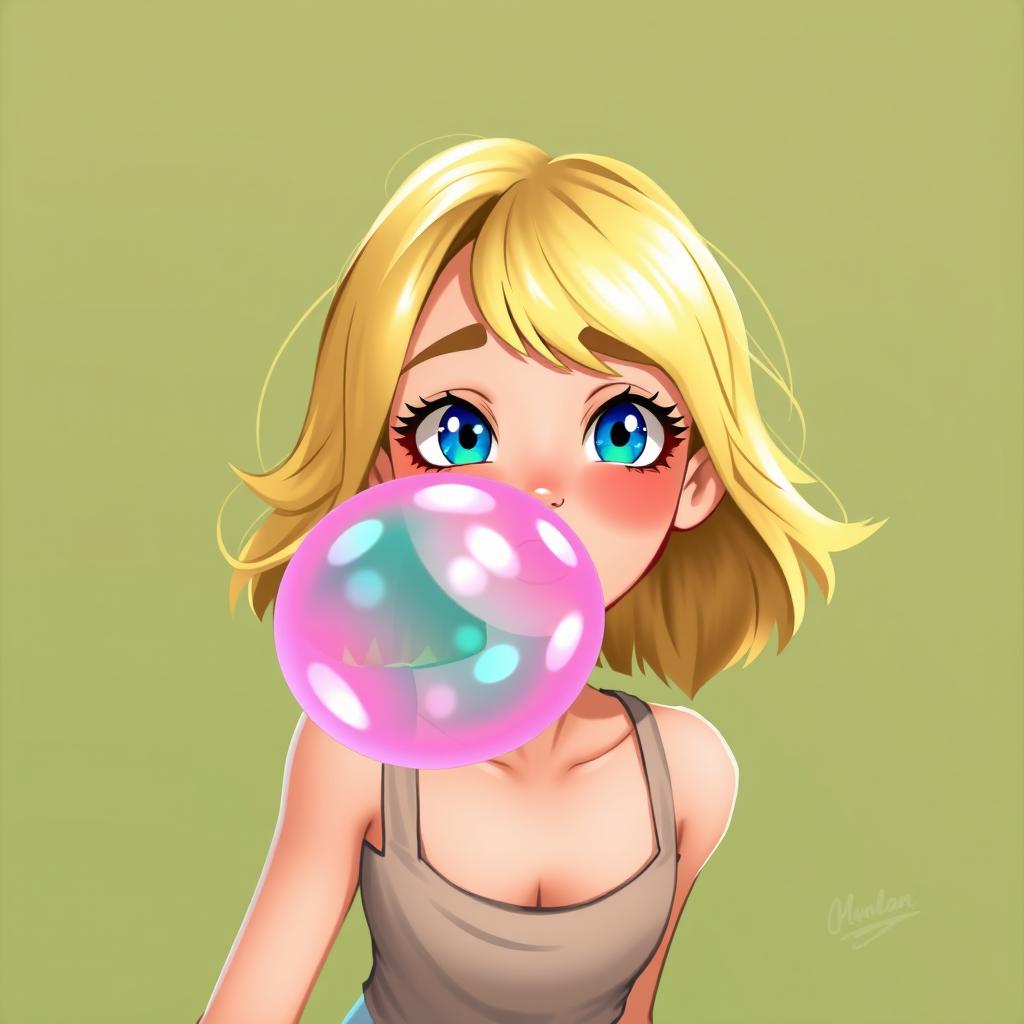 A vibrant digital artwork featuring a blonde girl with a playful expression, chewing gum and blowing a large pink bubble