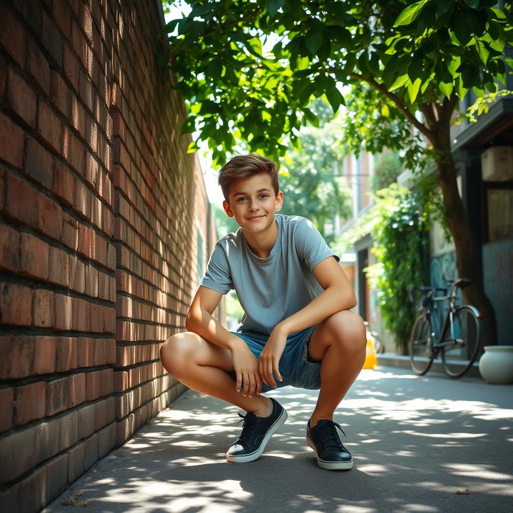 A teenage boy squatting playfully against a rustic brick wall, with a focus on his relaxed posture