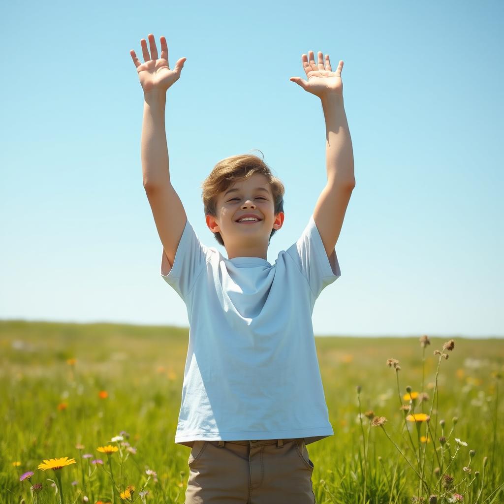A teenage boy of around 15 years old, standing in an open field during a bright summer day, raises his hands up joyfully to the blue sky, surrounded by vibrant green grass and colorful wildflowers