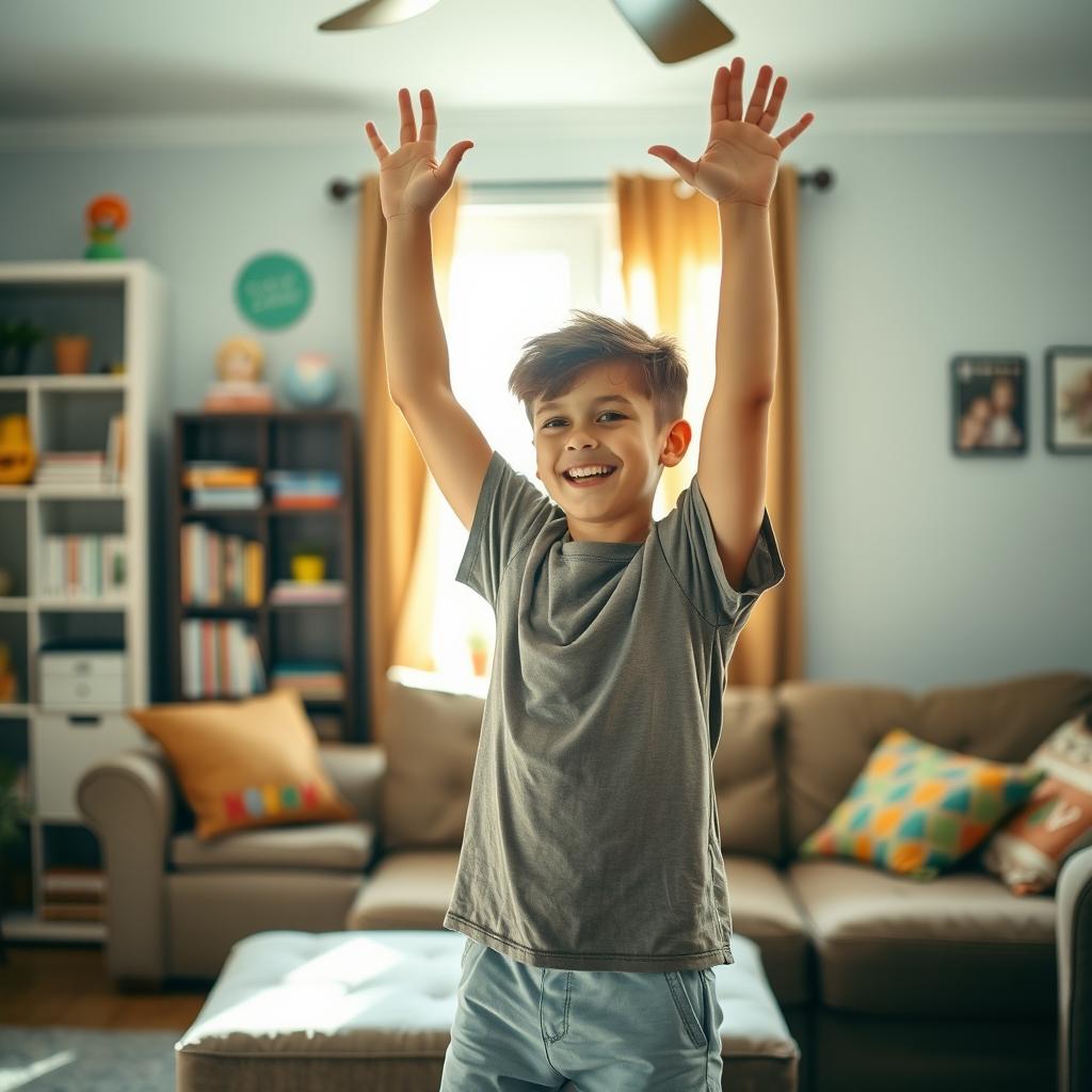 A cheerful teenage boy, around 15 years old, with short hair, wearing a casual t-shirt and shorts, raising his hands up joyfully in a cozy living room setting