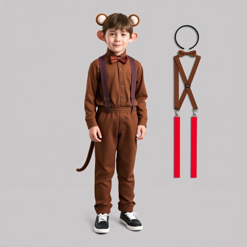 A fun, simple monkey costume designed for kids aged 12 to 13 years, featuring a solid brown long-sleeve shirt and matching brown pants