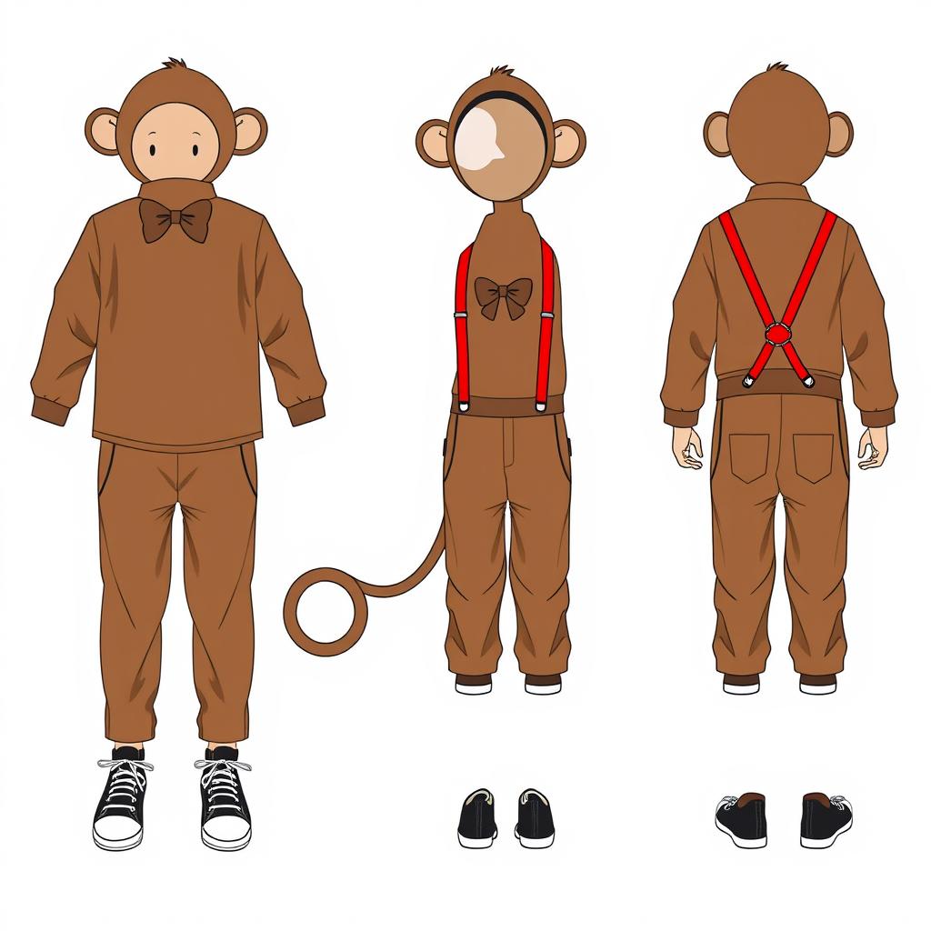 A full-body costume design for a monkey outfit suitable for children aged 12 to 13 years