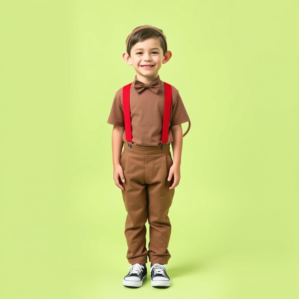 A full-body image of a 12 to 13-year-old boy dressed in a simple monkey costume