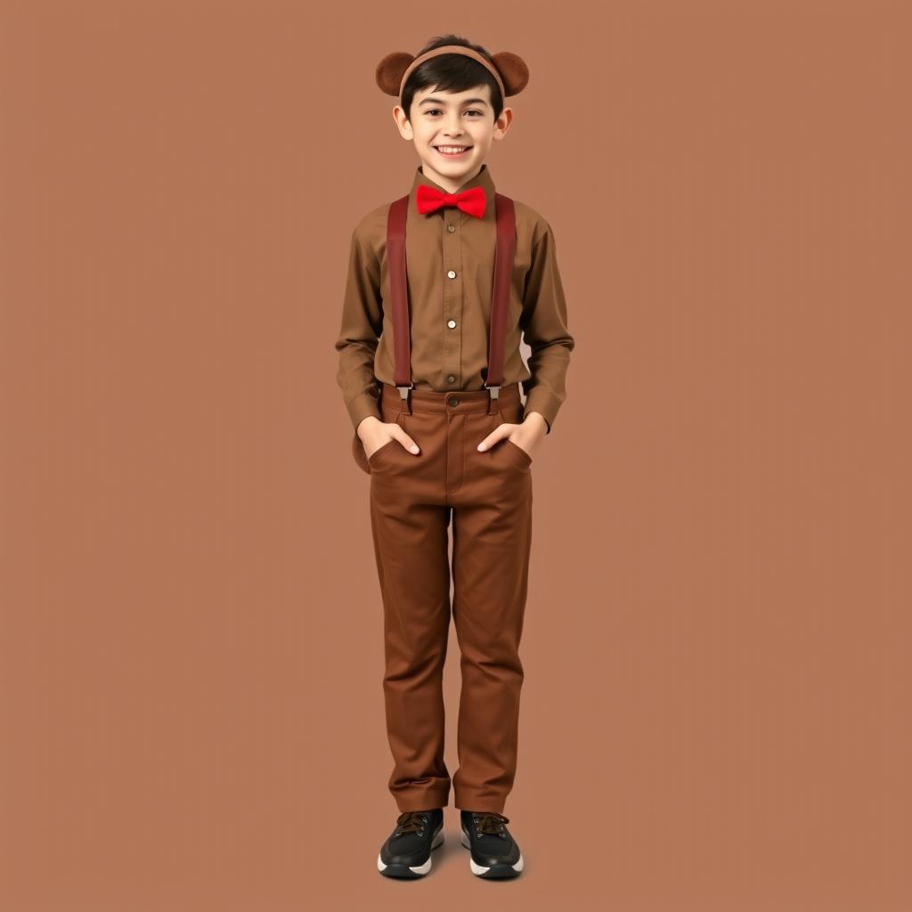 A full-body image of a 12 to 13-year-old boy wearing a simple monkey costume consisting of a brown shirt and brown pants, both solid-colored without any prints