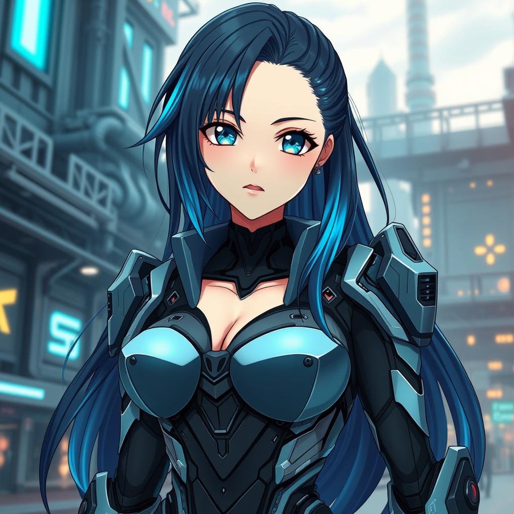 A futuristic and stylish anime-inspired female character, representing Thyssenkrupp, with distinct mechanical and industrial elements incorporated into her design