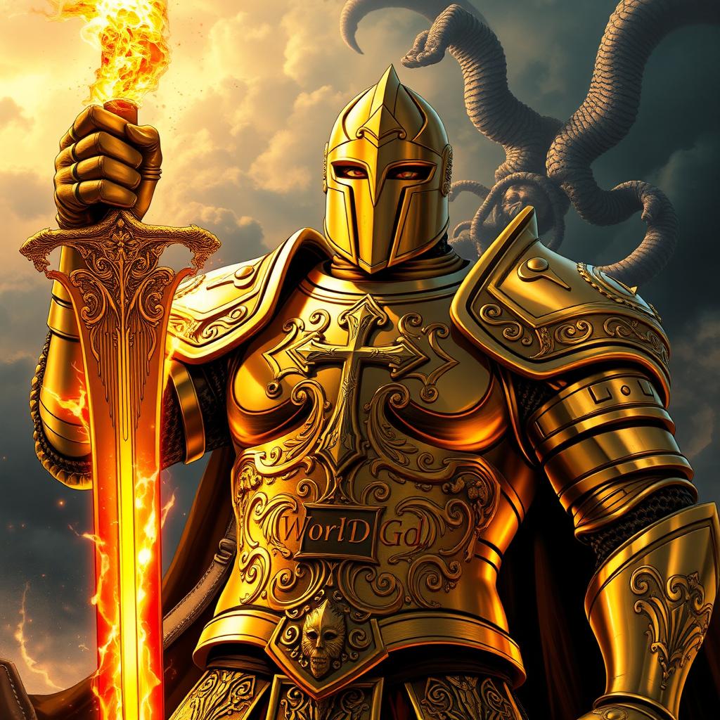 An overwhelmingly epic comic art scene depicting a Christian warrior preparing for battle against Satan, showcasing a breathtakingly high-end, realistic style