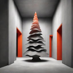 Strikingly abstract, monochrome, avant-garde architectural photograph of a Christmas tree within a beautifully structured concrete room, with a bold, impactful pop of orange-red color.