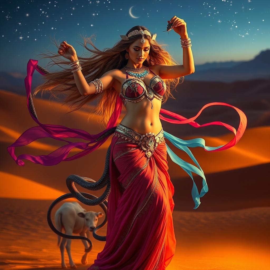 A mesmerizing scene of a goddess performing a snake belly dance, with flowing, intricate movements that embody grace and strength
