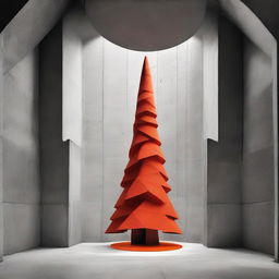 Strikingly abstract, monochrome, avant-garde architectural photograph of a Christmas tree within a beautifully structured concrete room, with a bold, impactful pop of orange-red color.