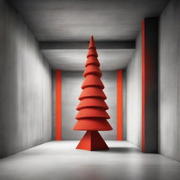 Strikingly abstract, monochrome, avant-garde architectural photograph of a Christmas tree within a beautifully structured concrete room, with a bold, impactful pop of orange-red color.