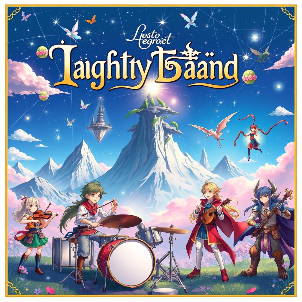 A fantastical album cover for a light novel-inspired band, featuring a vibrant and whimsical landscape