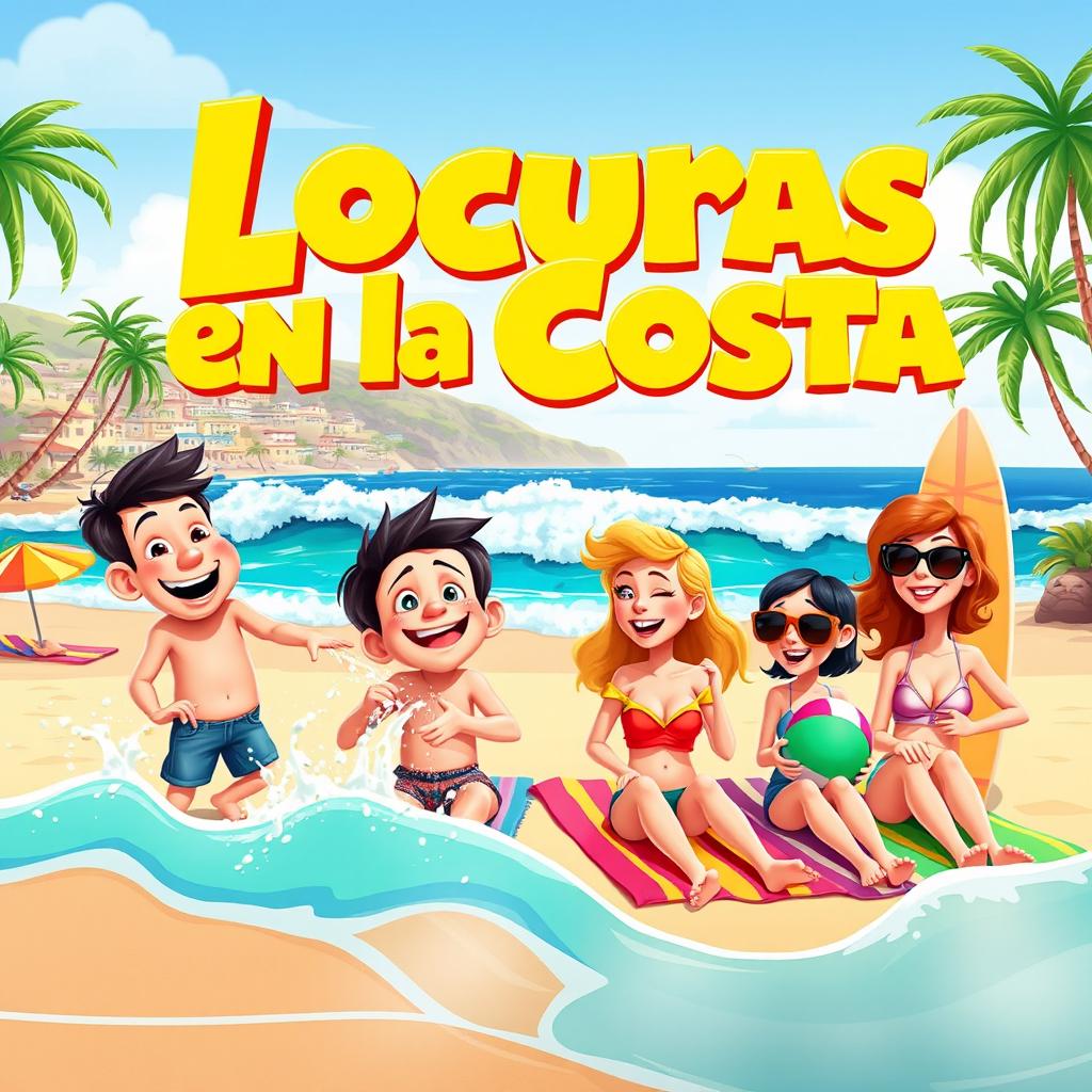 A vibrant and colorful movie poster for a comedy titled 'Locuras en la Costa'