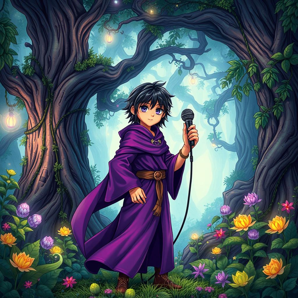 A detailed fantasy forest setting for a band album cover, featuring a young wizard with shaggy black hair, dressed in a flowing purple robe, holding a microphone in one hand