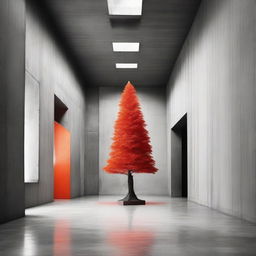 Strikingly abstract, monochrome, avant-garde architectural photograph of a Christmas tree within a beautifully structured concrete room, with a bold, impactful pop of orange-red color.