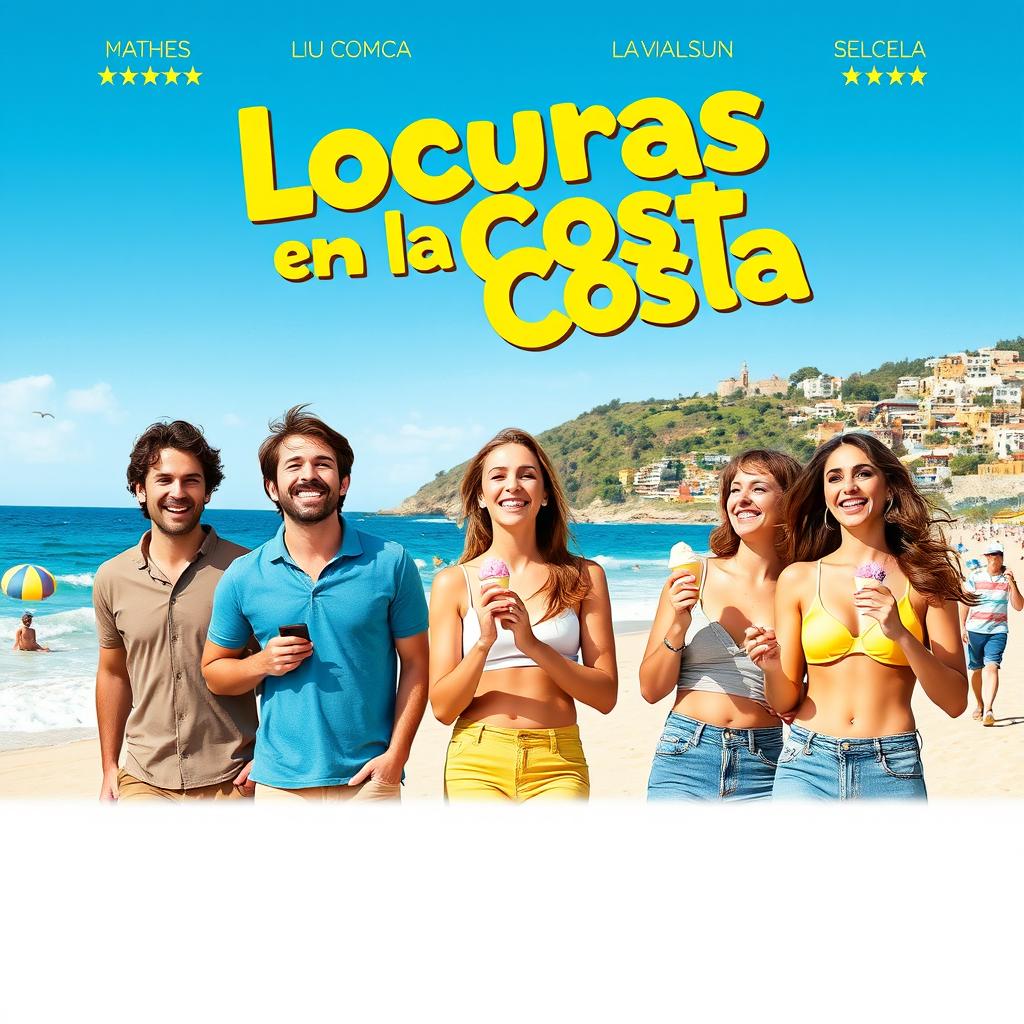 A vibrant movie poster for a comedy titled 'Locuras en la Costa'