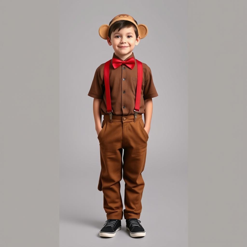 A full-body image of a real 12 to 13-year-old boy in a simple monkey costume