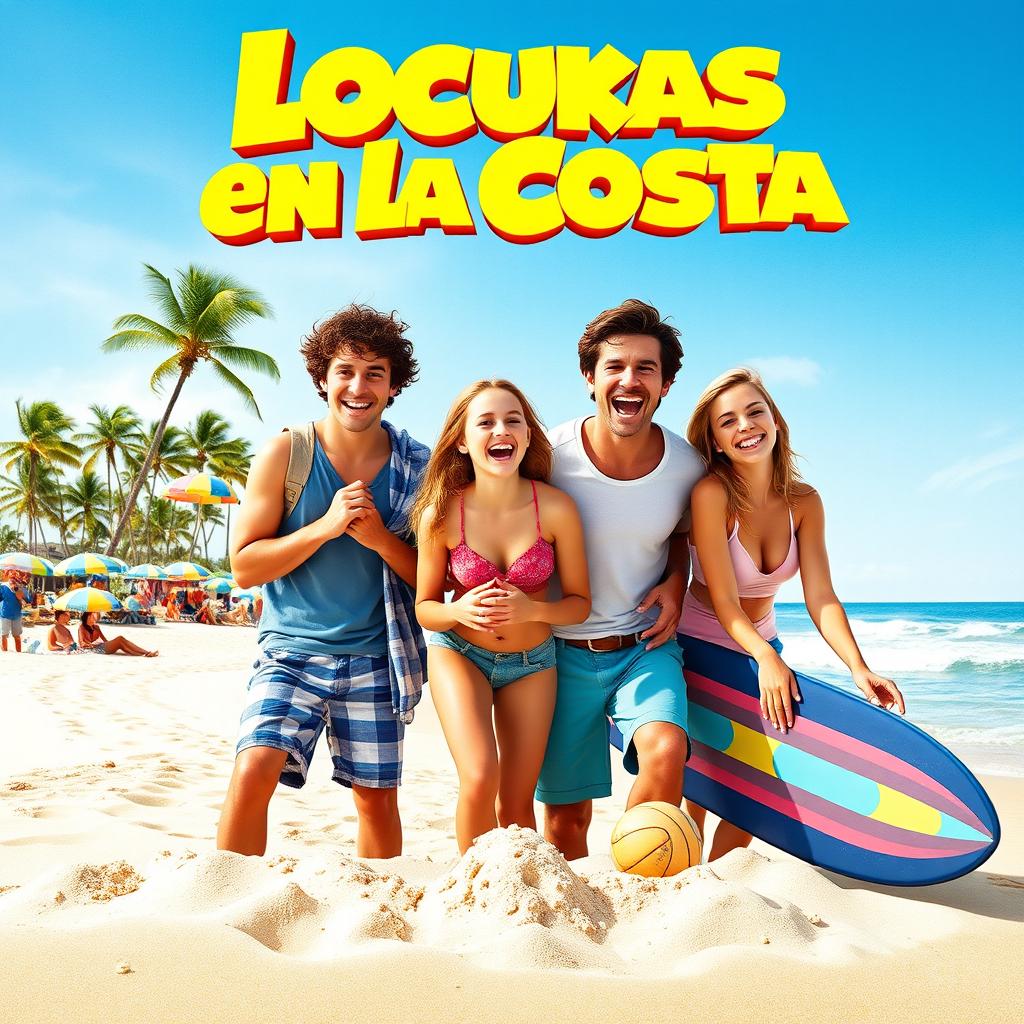 A vibrant movie poster for the comedy film "Locuras en la Costa", set in a small coastal town in Spain during summer vacation