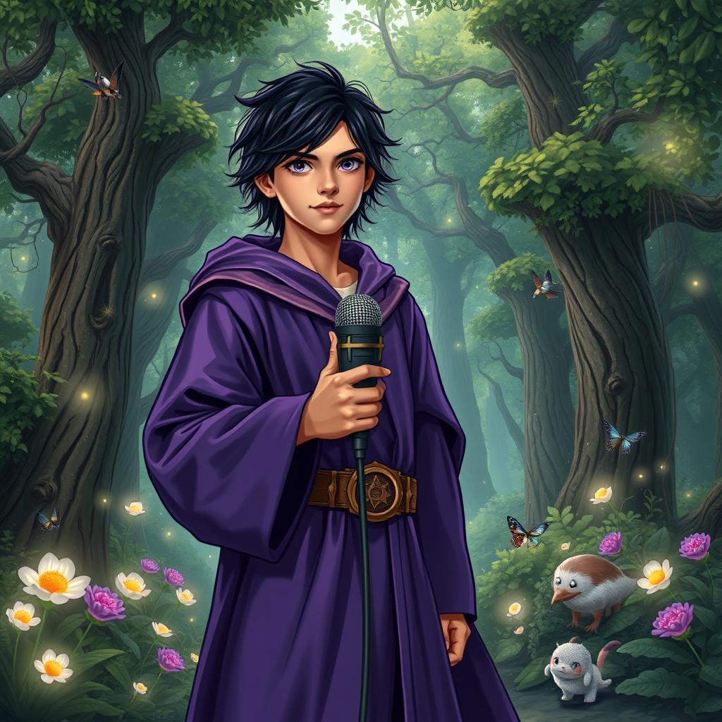 A detailed fantasy forest setting, representing an enchanting atmosphere with lush green trees, glowing flowers, and gentle sparkling lights throughout