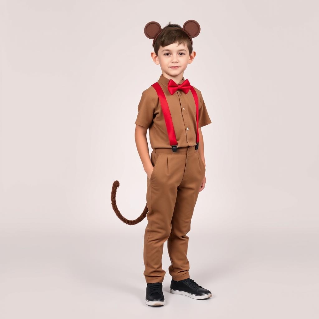 A full-body image of a 12 to 13-year-old boy dressed in a simple monkey costume featuring a plain brown t-shirt and plain brown pants