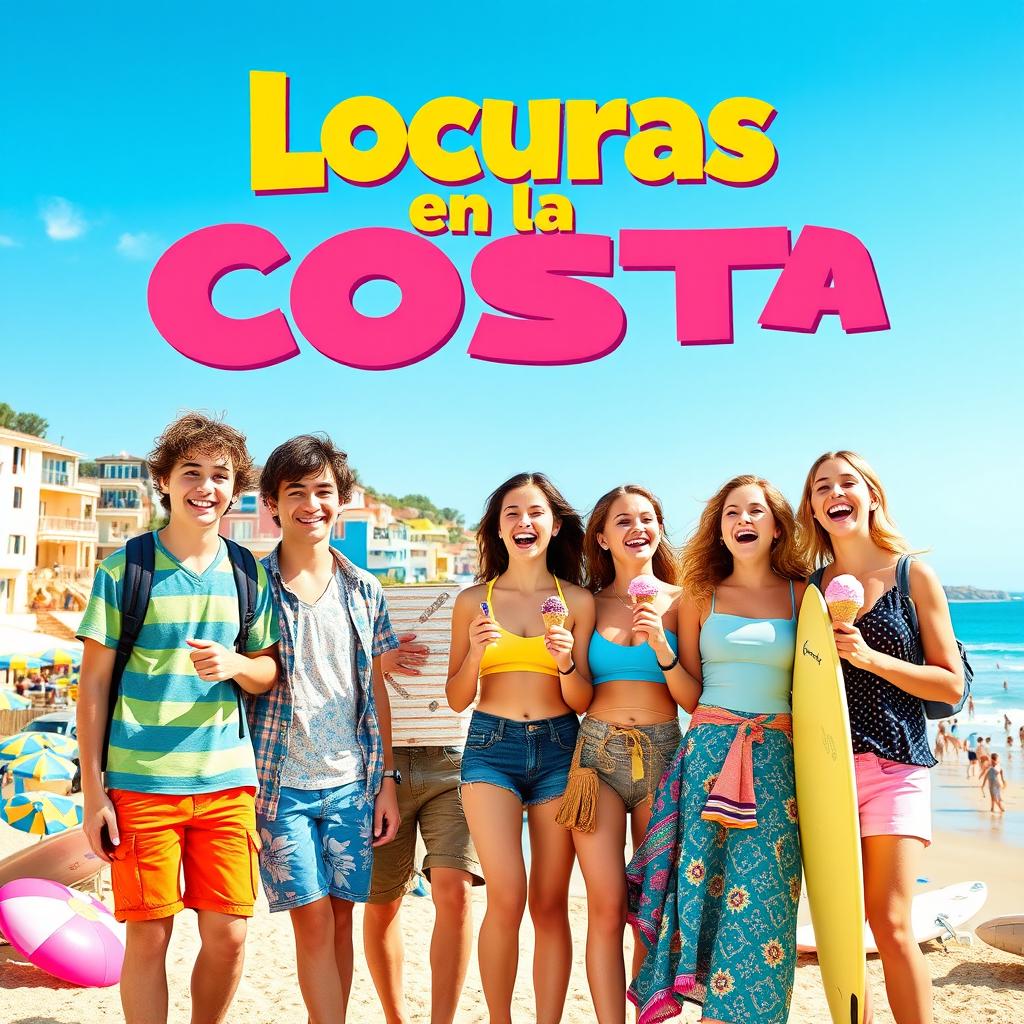 A vibrant and colorful movie poster for a comedy film titled 'Locuras en la Costa'
