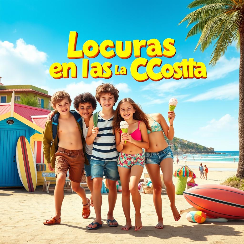 A lively and colorful movie poster for a comedy film titled 'Locuras en la Costa'