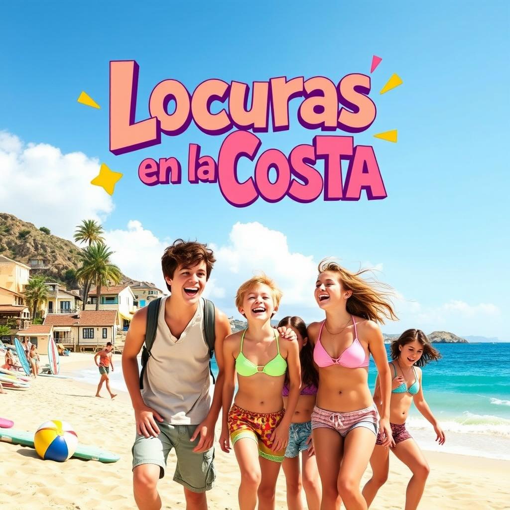 An energetic and colorful movie poster for a comedy film titled 'Locuras en la Costa'