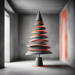 A strikingly abstract, avant-garde, monochrome photograph of a stylistic Christmas tree inside a beautiful concrete room, with a dramatic pop of orange-red color.