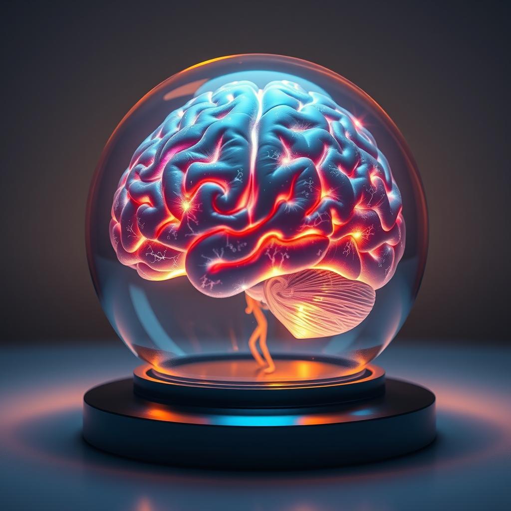A stunning glass globe of a human brain filled with intricate lighting effects, illuminating the brain's detailed neural connections