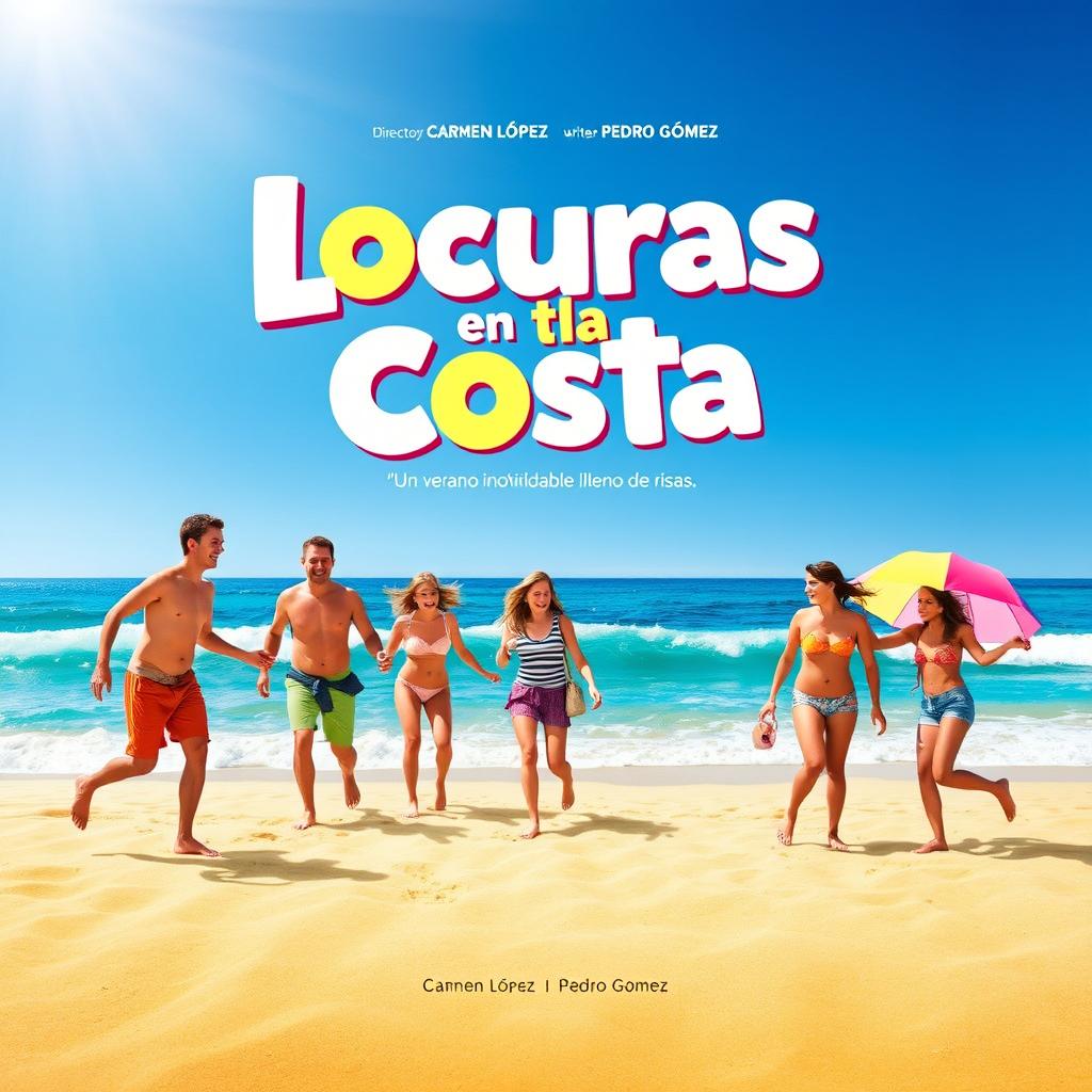 Movie poster design for 'Locuras en la Costa', a contemporary comedy set in a small coastal village in Spain during summer vacation