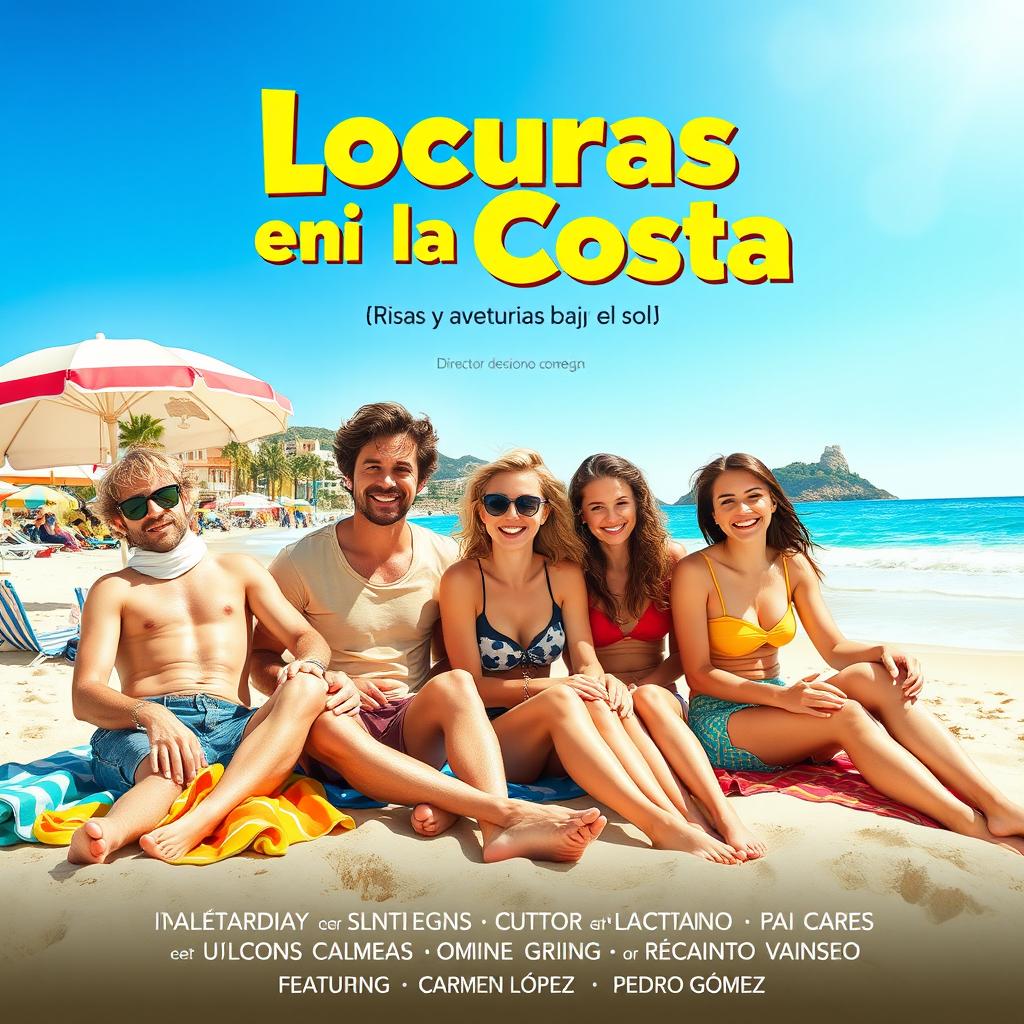 Movie poster design for 'Locuras en la Costa', a contemporary comedy set in a picturesque coastal village in Spain during summer vacation