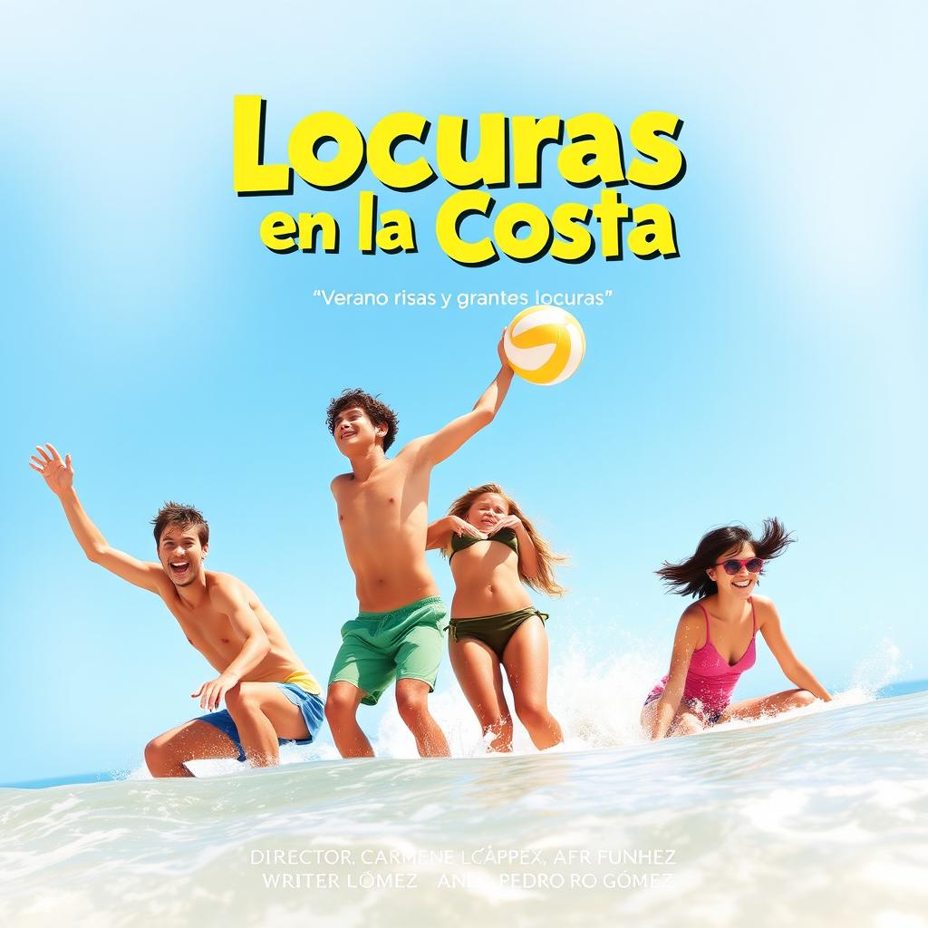 Movie poster design for 'Locuras en la Costa', a contemporary comedy set in a small coastal village in Spain during summer vacation