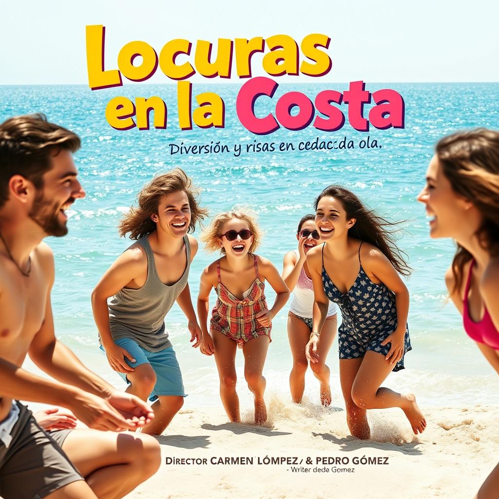Movie poster design for 'Locuras en la Costa', a contemporary comedy set in a small coastal village in Spain during the summer vacation