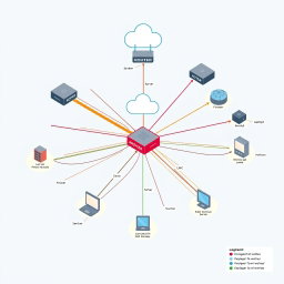 A detailed and visually engaging diagram of a network topology showcasing various components