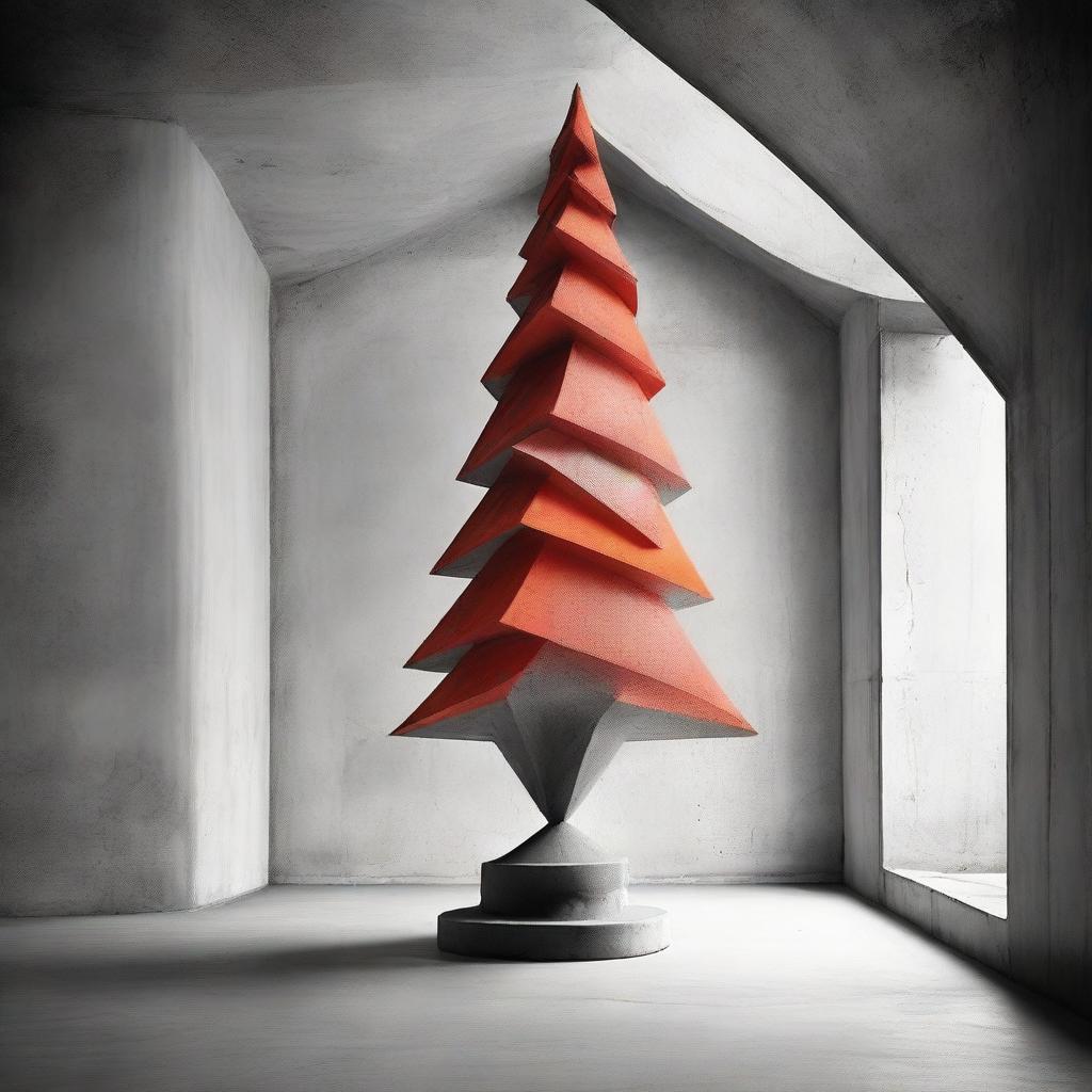 A strikingly abstract, avant-garde, monochrome photograph of a stylistic Christmas tree inside a beautiful concrete room, with a dramatic pop of orange-red color.