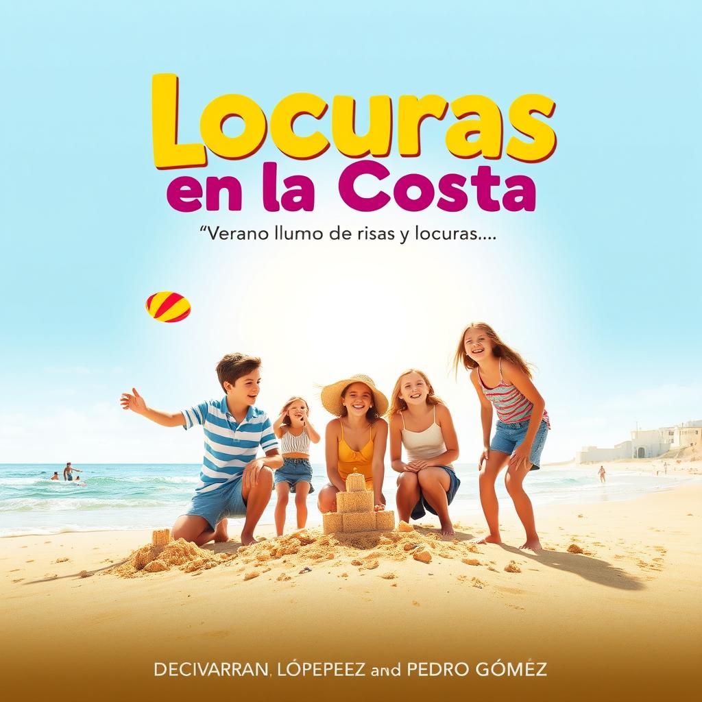 Movie poster design for 'Locuras en la Costa', a contemporary comedy set in a charming coastal village in Spain during summer vacation
